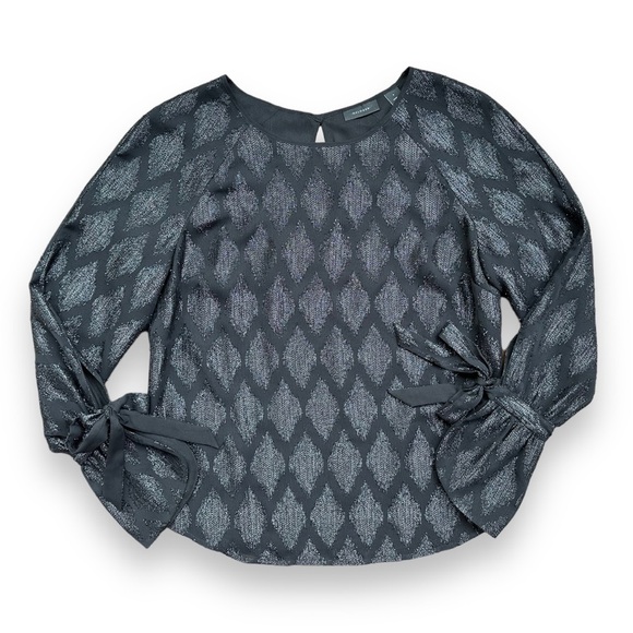 HALOGEN Sheer Black Metallic Diamond Brocade Sheer Long Sleeve Blouse | Size S - Picture 10 of 14